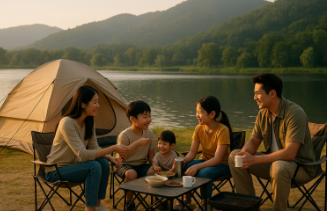 청평호에서 가족이 캠핑하는 모습