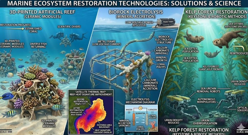 인공 산호초 설치와 해양 생태계 복원 기술 도식
