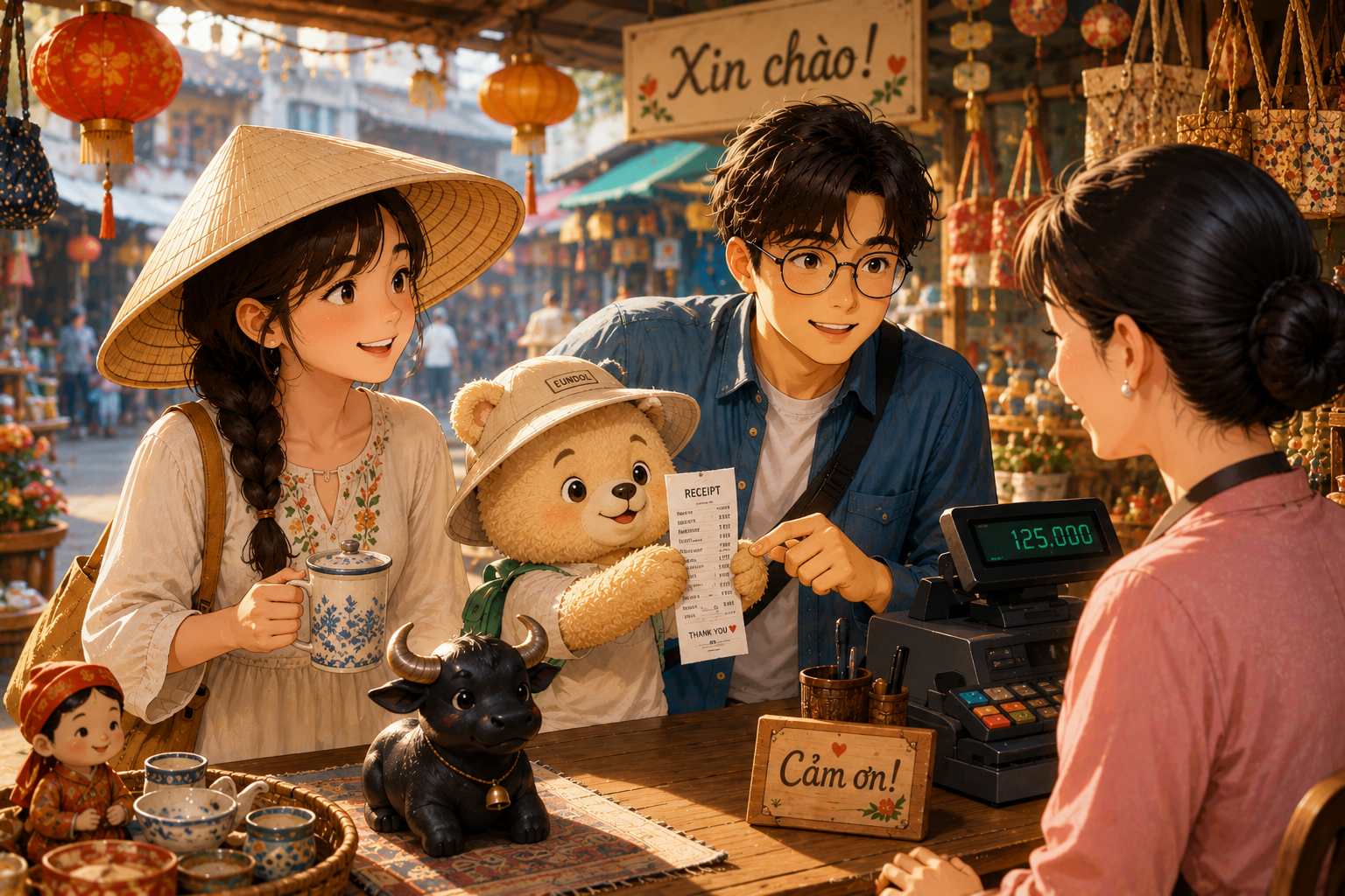 베트남 시장의 작은 가게에서 쉼표와 푸름, 곰인형 은돌이가 영수증을 받는 따뜻한 COMMA CAFE 웹툰풍 장면