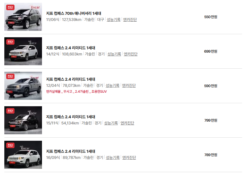 지프 컴패스 중고차 가격 시세표 유지비