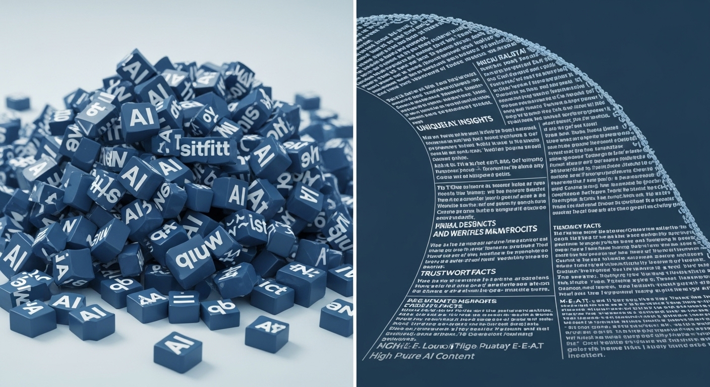 저품질 AI 콘텐츠와 인간적 요소가 결합된 고품질 AI 콘텐츠를 시각적으로 대비시킨 이미지.