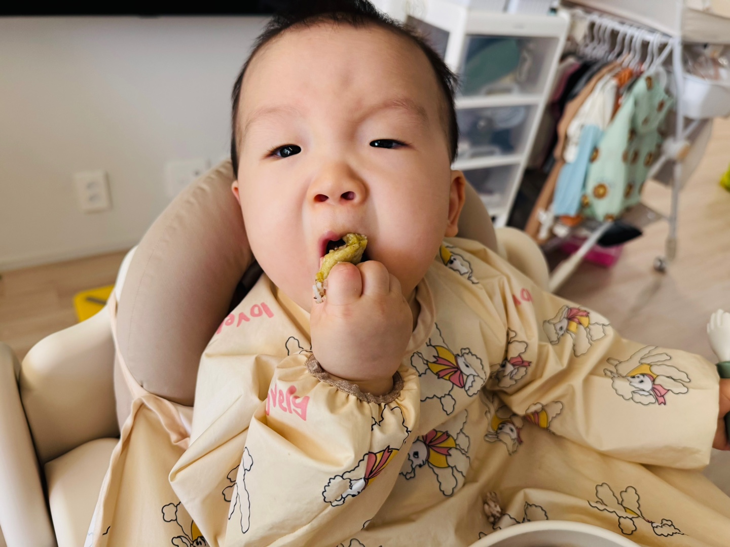 브로콜리치즈전을 손에 들고 입에 넣는 찬솔이의 귀여운 저녁 식사 모습