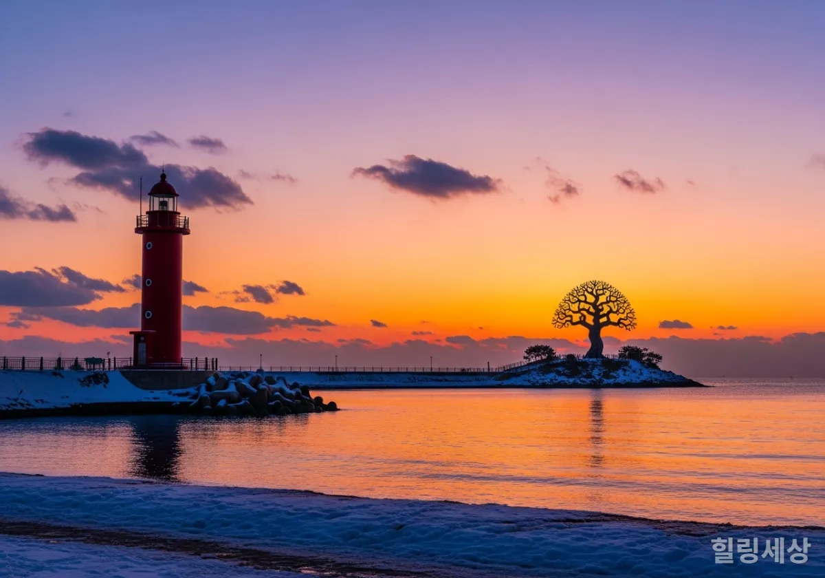 노을이 지는 시흥 오이도 빨강등대와 생명의 나무 전망대의 아름다운 겨울 풍경