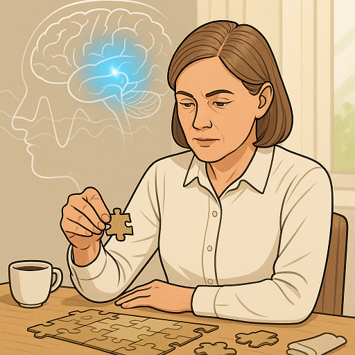 책상에 앉아 퍼즐을 푸는 중년 여성이 배경에 뇌 모양이 반투명하게 겹쳐진 이미지