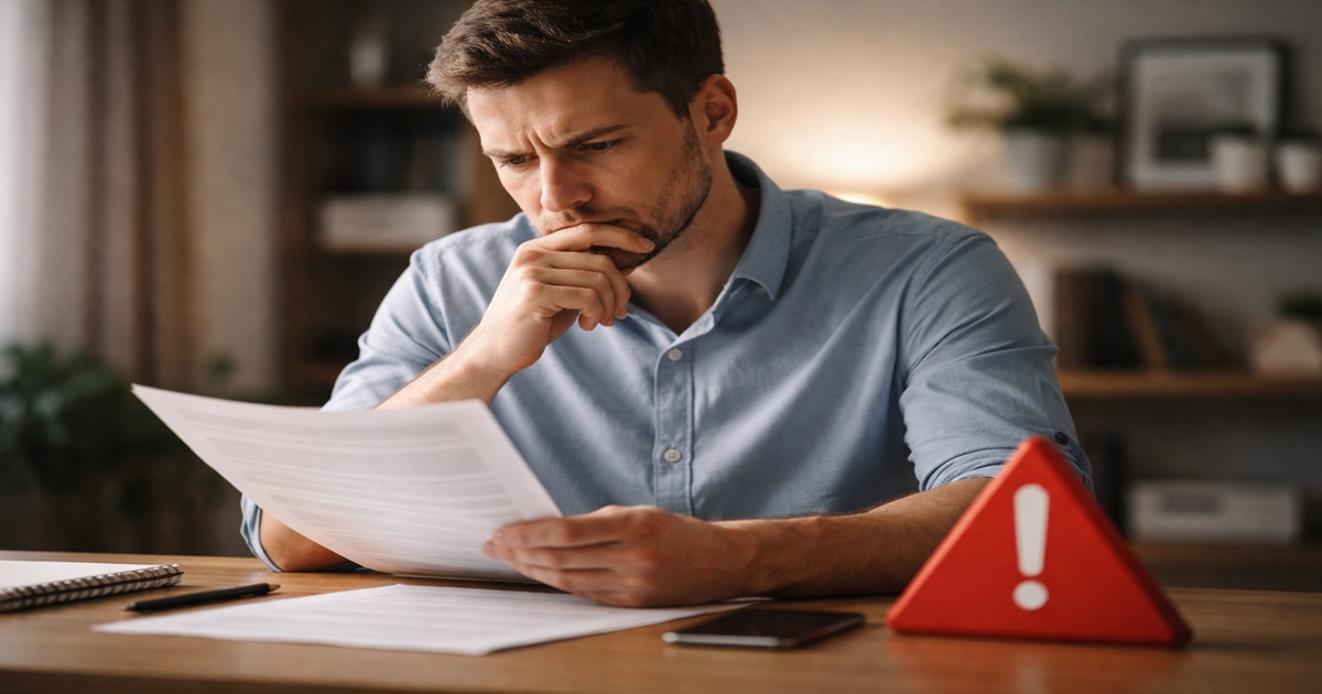 원금보장 투자 계약서를 검토하며 의심스러운 표정으로 살펴보는 소비자의 모습, 투자 사기 주의를 나타내는 장면