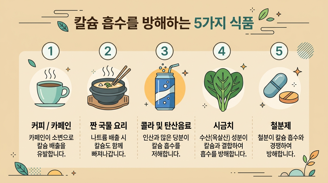 칼슘 흡수를 방해하는 음식 5가지 인포그래픽