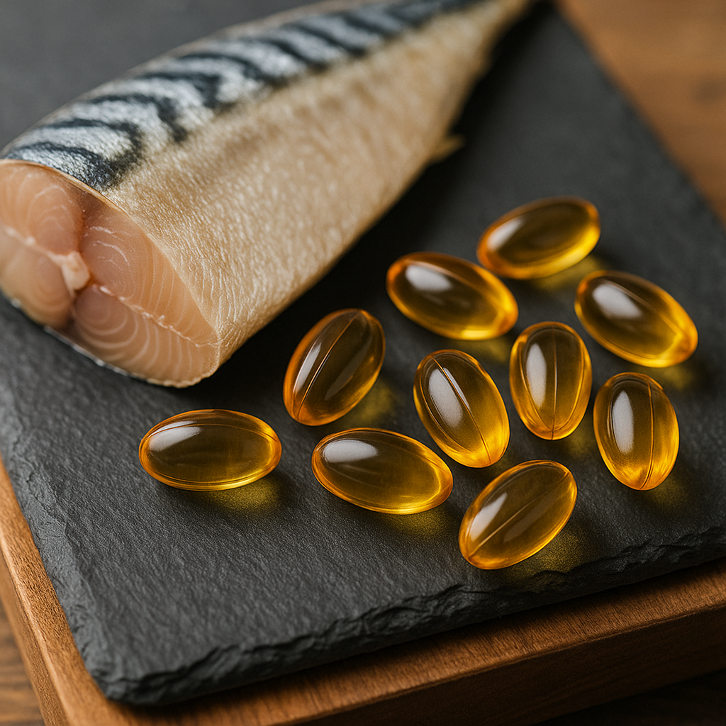 오메가3 캡슐과 등푸른생선 조각의 근접 사진(연출 컷)