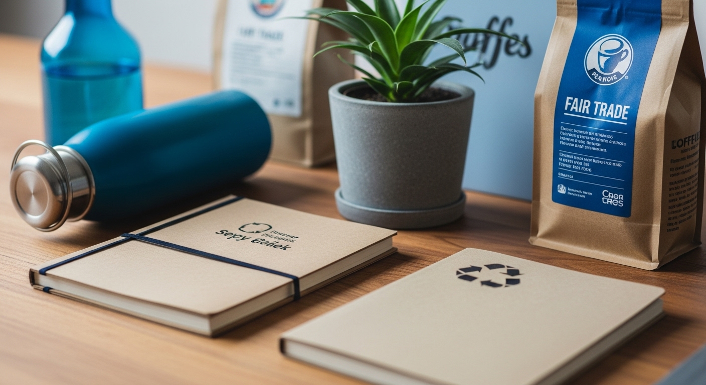 지속 가능한 가치 소비를 상징하는 친환경 선물 아이템들. 재활용 소재 제품과 사회적 기업 제품으로 의미를 더하는 선물.