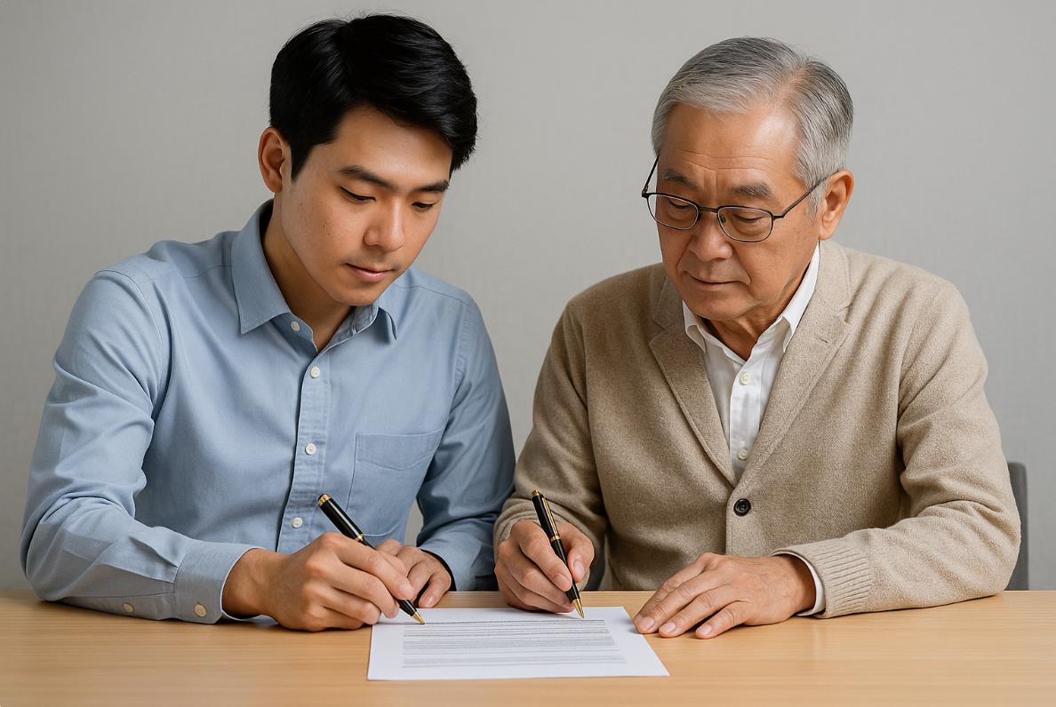 청년과 노인이 같은 테이블에서 계약서에 함께 서명하는 장면