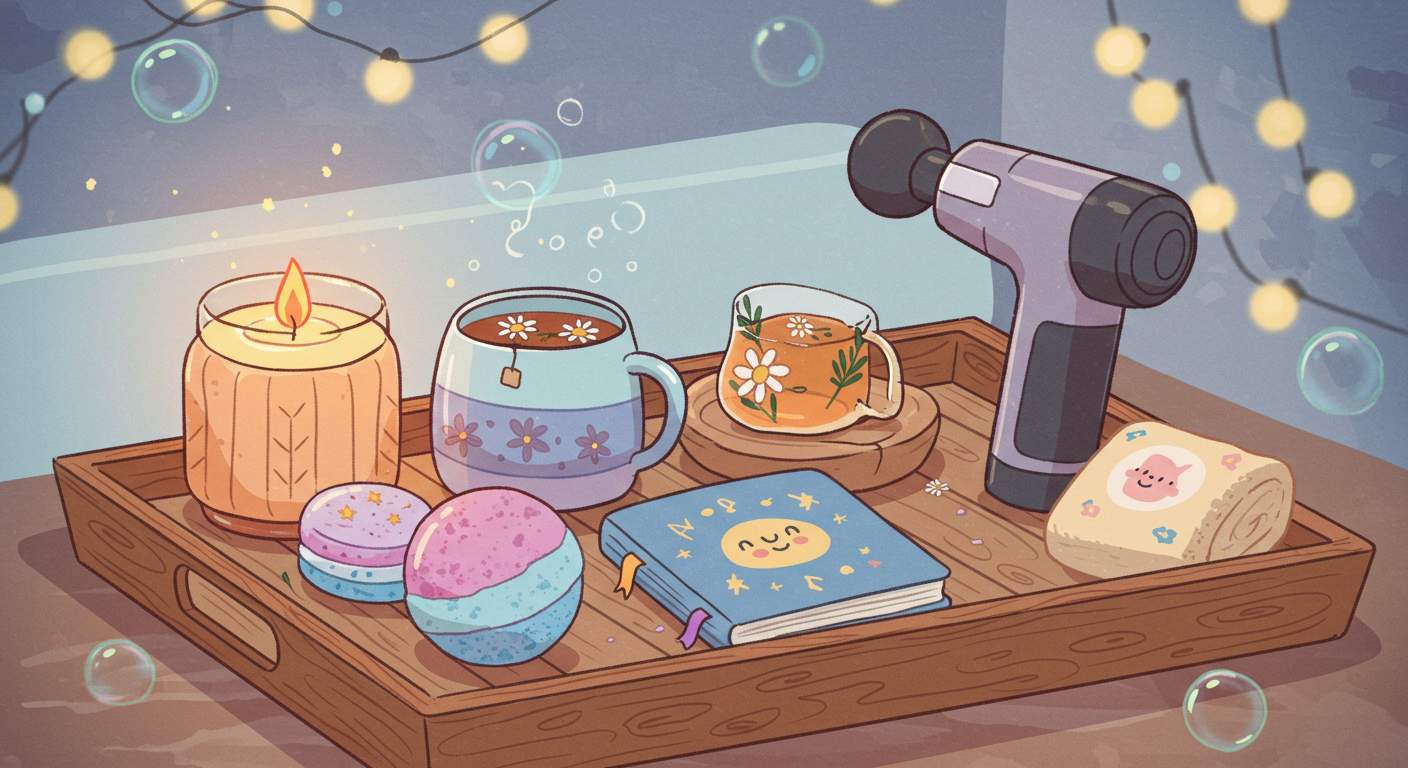 아로마캔들, 입욕제, 허브차, 마사지건, 다이어리가 우드 트레이에 올려진 귀여운 일러스트 힐링 키트 30대 싱글 힐링선물, 셀프케어, 감성아이템