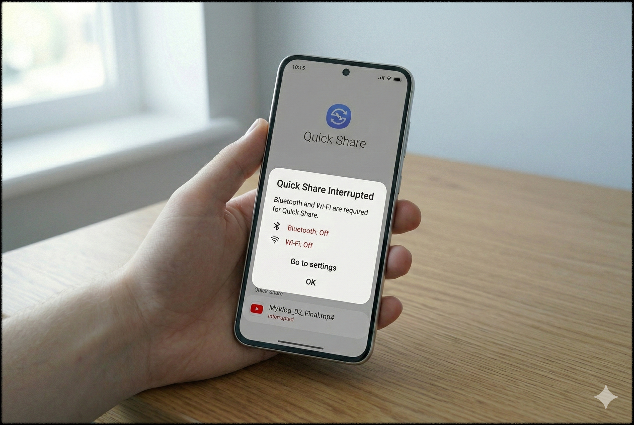 Bluetooth와 Wi-Fi가 꺼져 있어 Quick Share 전송이 실패한 모습