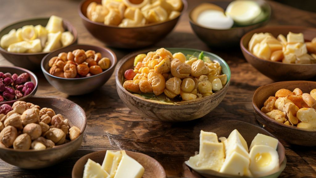 당뇨에 좋은 음식&amp;#44; 검은콩&amp;#44; 치즈&amp;#44; 구운 병아리콩&amp;#44; 피스타치오&amp;#44; 삶은 달걀이 그릇에 담겨 있다.