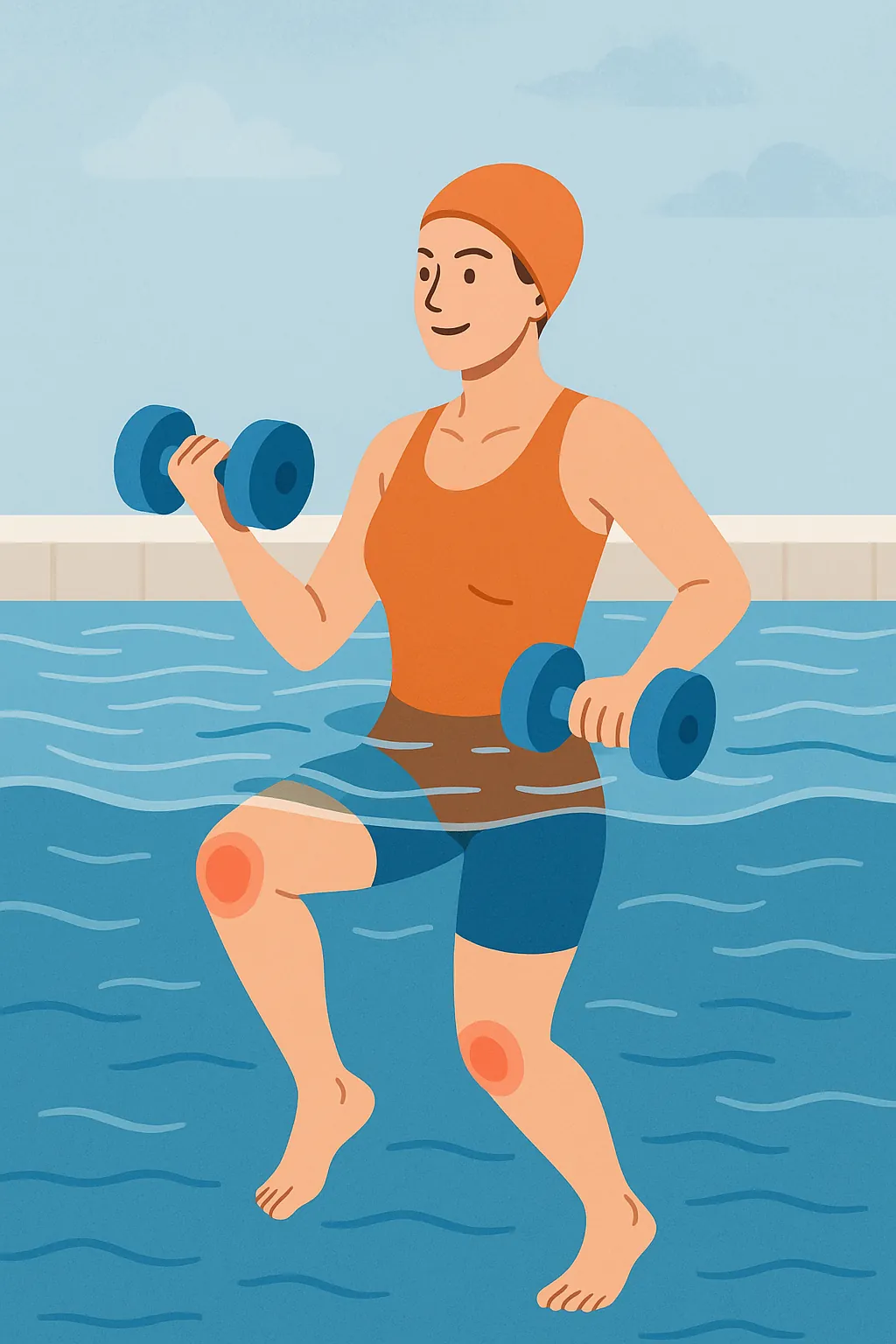 물속에서-하는-운동이-관절에-좋은-이유를-표현한-일러스트-여성이-수영장에서-폼-아령을-들고-운동을-하며-무릎과-관절이-강조되어-물의-부력이-관절-부담을-줄여주는-효과를-강조