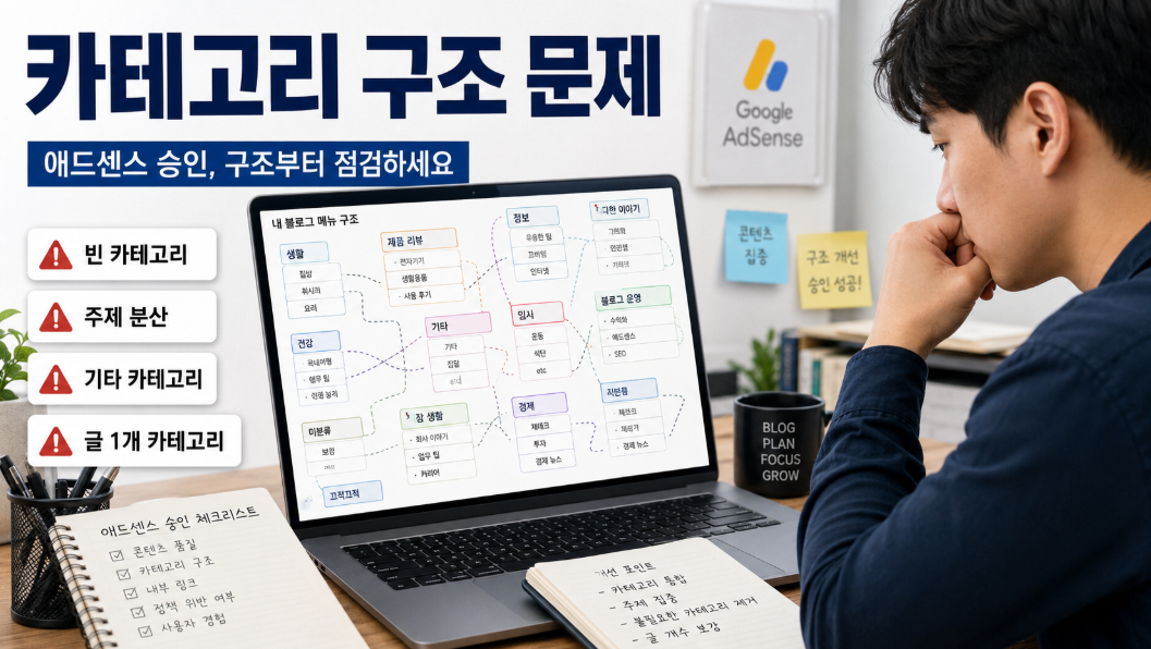 애드센스 승인 준비 블로그에서 빈 카테고리와 주제 분산 문제를 점검하는 이미지