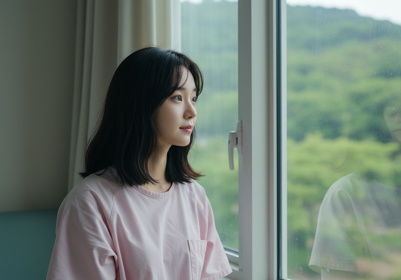 출산 후 산후조리원에서 쉬고있는 한국인 여성