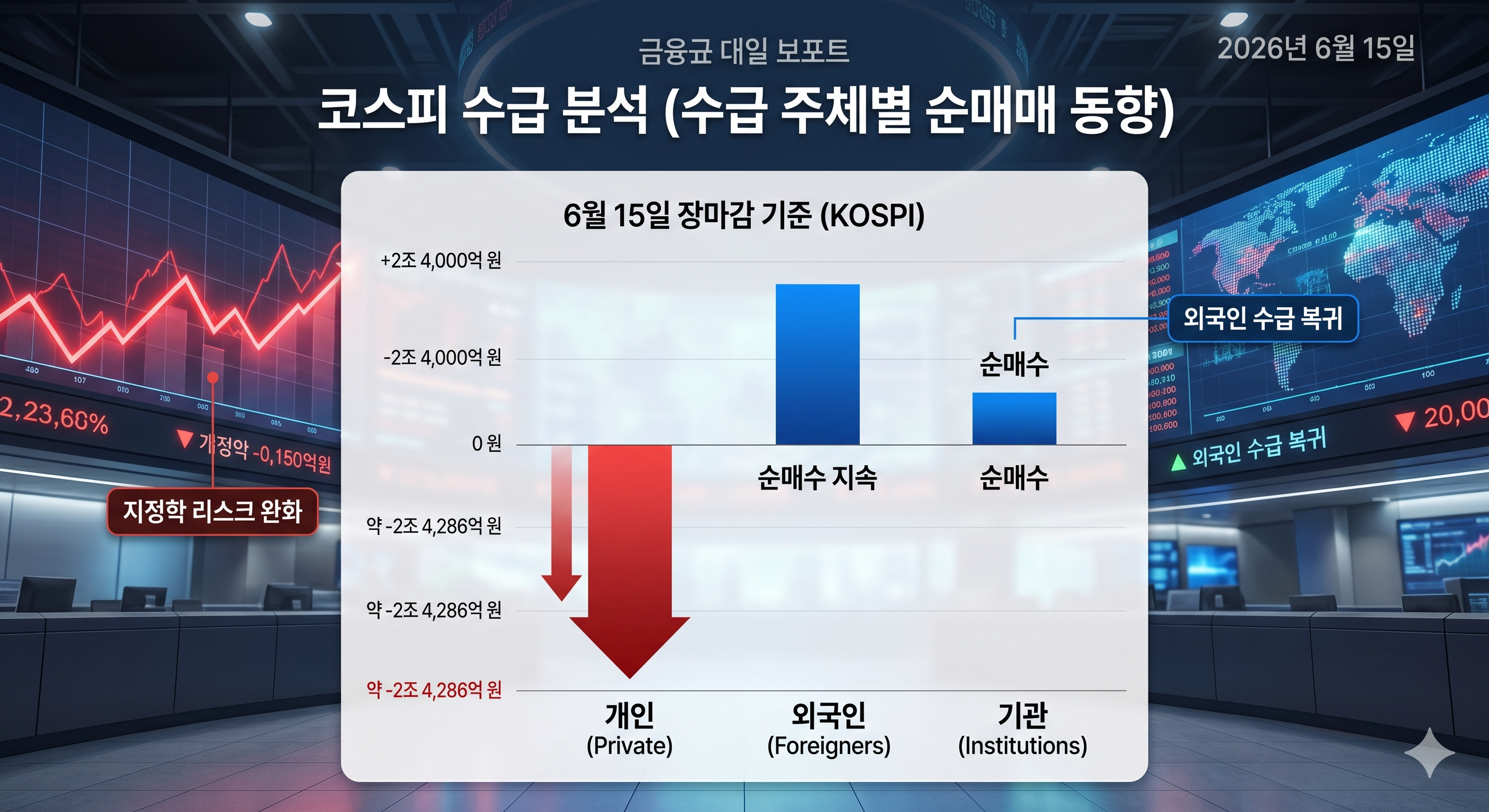 코스피 외국인 및 기관 순매수와 개인 순매도 수급 대조 차트