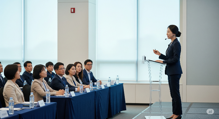 컨퍼런스에서 연사가 발표하고 청중이 경청하는 모습. 지식 교류의 장임을 보여준다