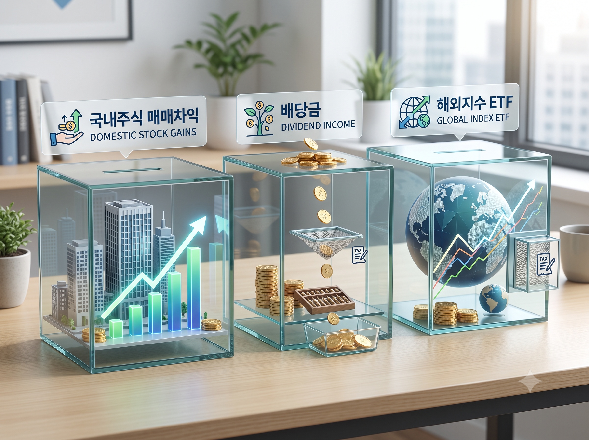 국내주식 매매차익, 배당금, 해외지수 ETF를 서로 다른 세금 상자로 구분한 장면