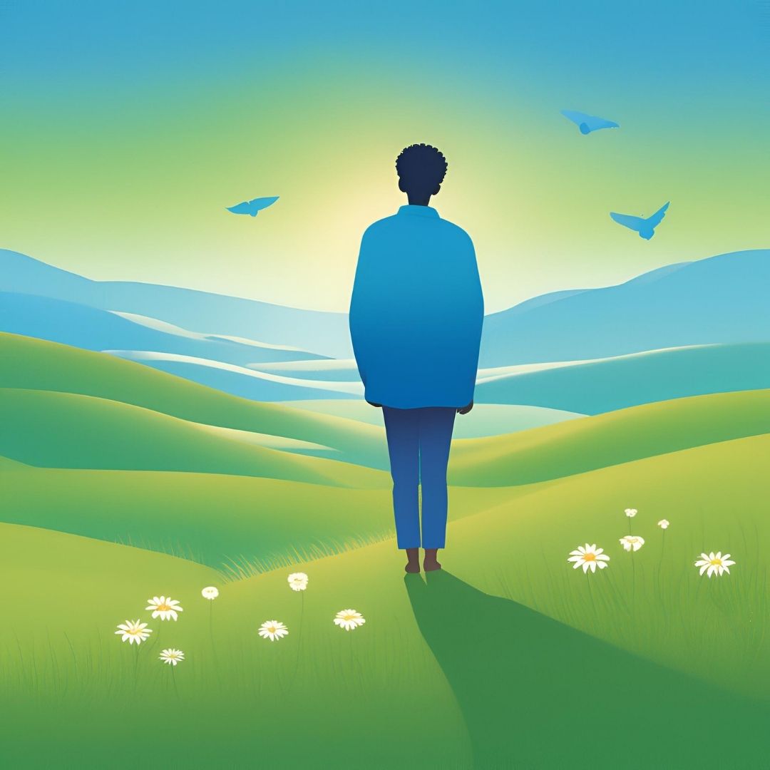 감정적 독립을 느끼는 한 사람이 높은 언덕 위에 서서 눈을 감고 미소를 짓고 있는 모습.