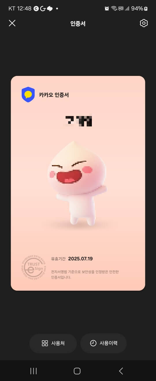 카카오인증서화면