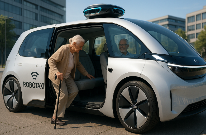 미래형 로보택시 + 시니어 탑승 장면 이미지