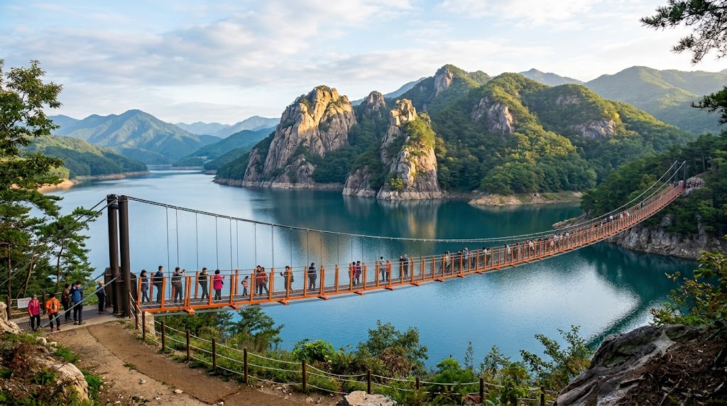 옥순봉 출렁다리를 걷는 여행객