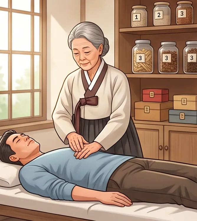 한복을 입은 한의사가 침대에 누워있는 남성 환자의 가슴을 짚어 진찰하고 있고, 뒤편 선반에 약재 병이 놓여있는 모습