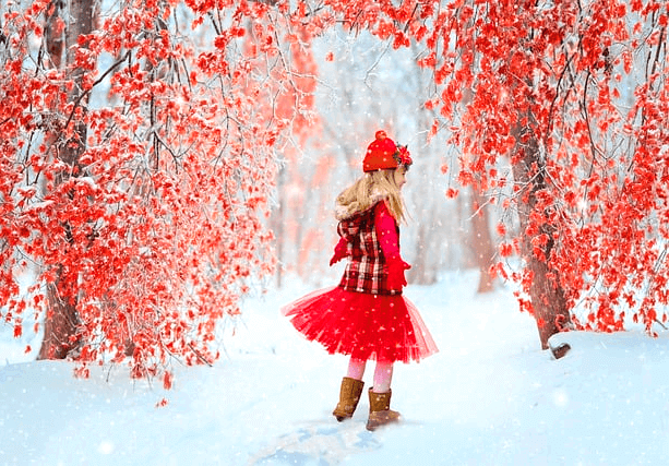 하얀 눈밭에 금발의 여자아이가 서 있는 뒷모습이다. 주변엔 빨간 나뭇잎을 가진 나무들이 가득하다.