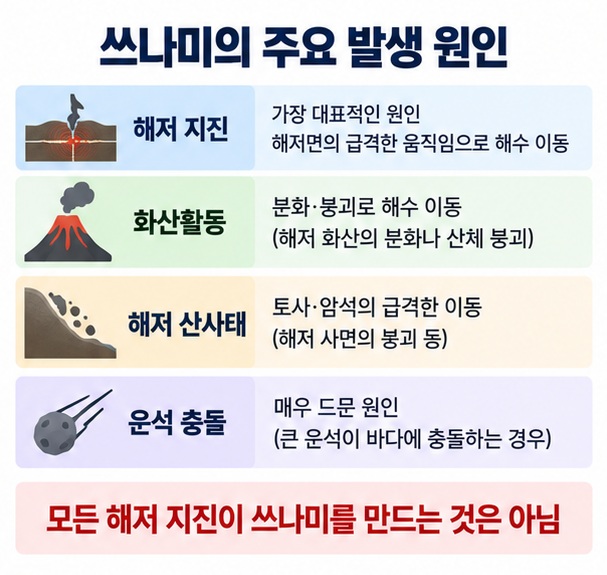해저 지진, 화산활동, 해저 산사태, 운석 충돌 등 쓰나미의 대표 원인을 비교한 이미지
