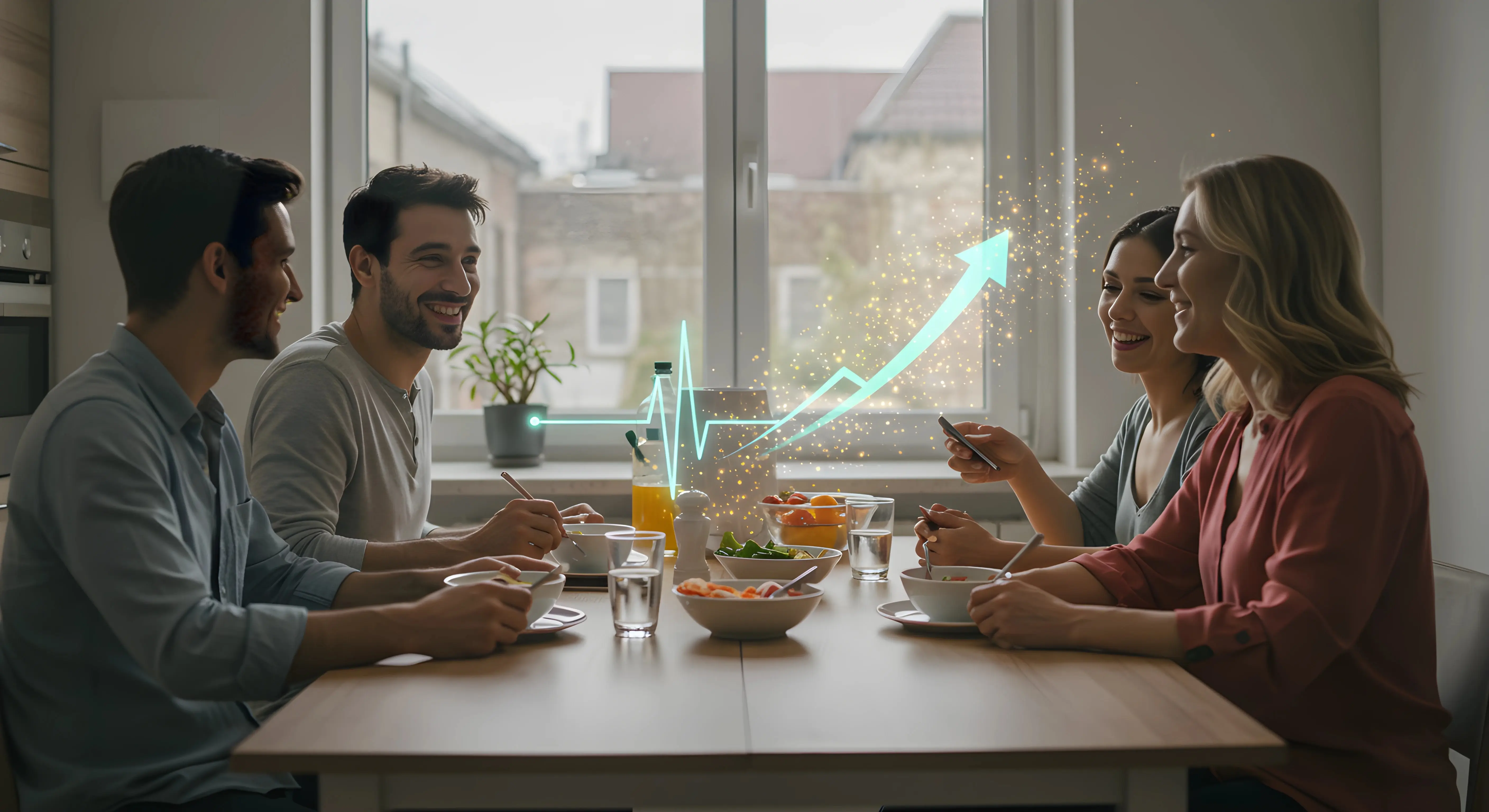 행복하게 대화하며 식사하는 가족과 건강 지수 상승을 나타내는 그래픽 효과 : 
밝은 주방에서 함께 식사하며 대화 나누는 네 명의 행복한 모습을 표현함.