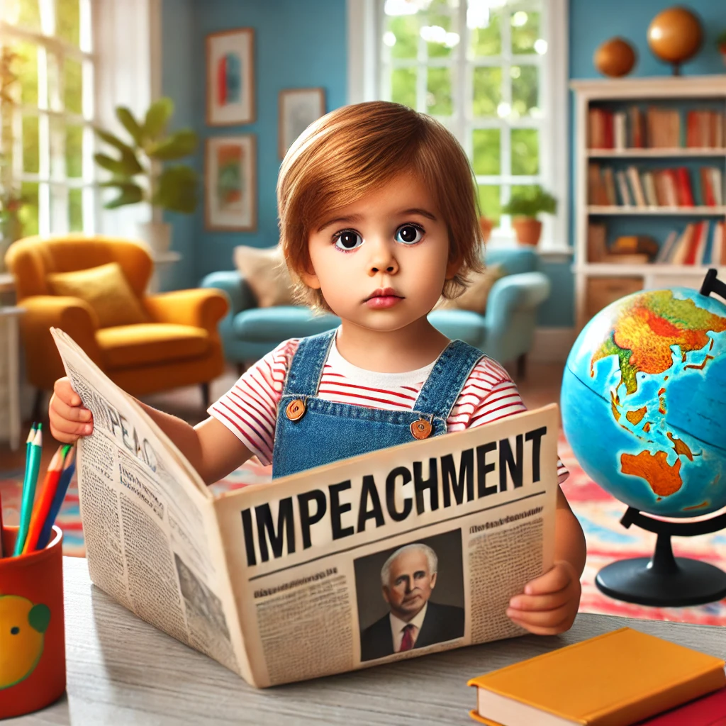 한 어린이가 탄핵이라는 단어에 대해 궁금해하는 모습