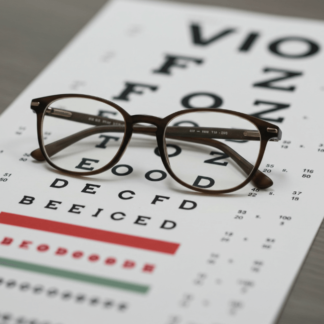 시력검사표 위에 안경이 놓여 있는 이미지