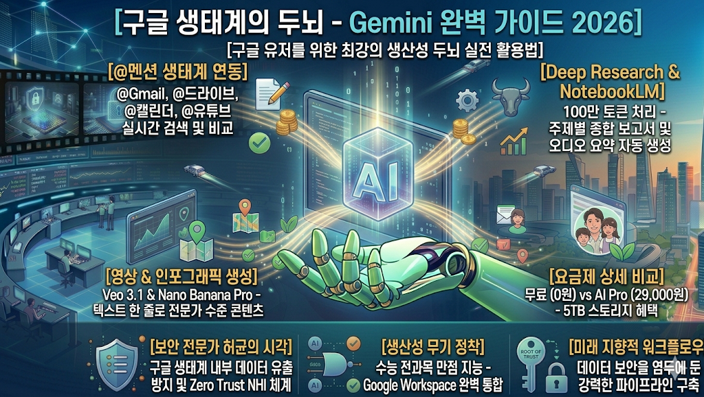 2026년 Gemini 3.1 Pro 완벽 가이드 인포그래픽. 구글 워크스페이스(@Gmail, @드라이브) 연동 실전 활용법, Deep Research 보고서 생성, NotebookLM 오디오 요약 기능 소개. 보안 전문가의 시점에서 분석한 AI Pro 요금제와 무료 버전 상세 비교표 포함.