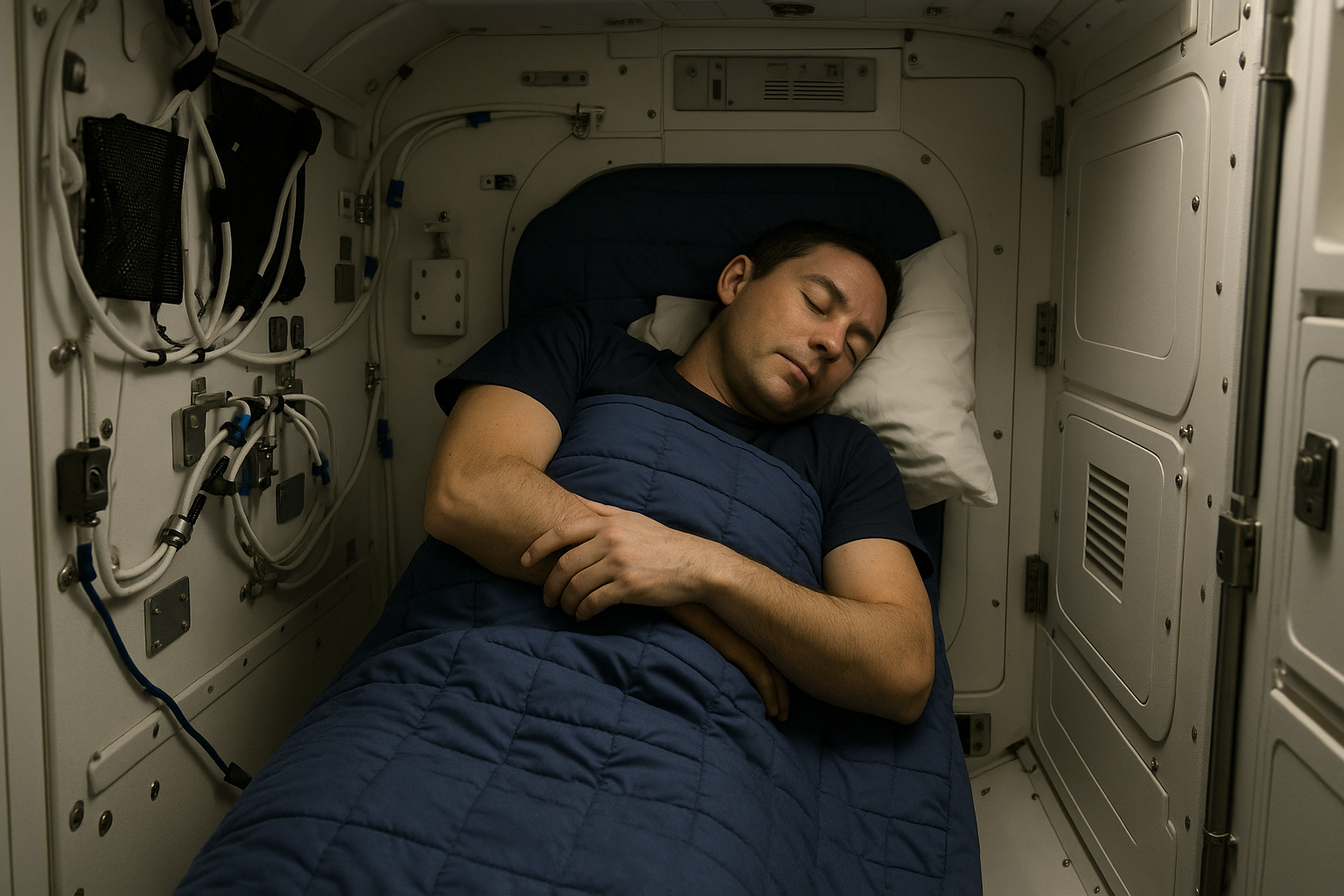 국제우주정거장 내부의 수면실에서 잠자고 있는 우주비행사