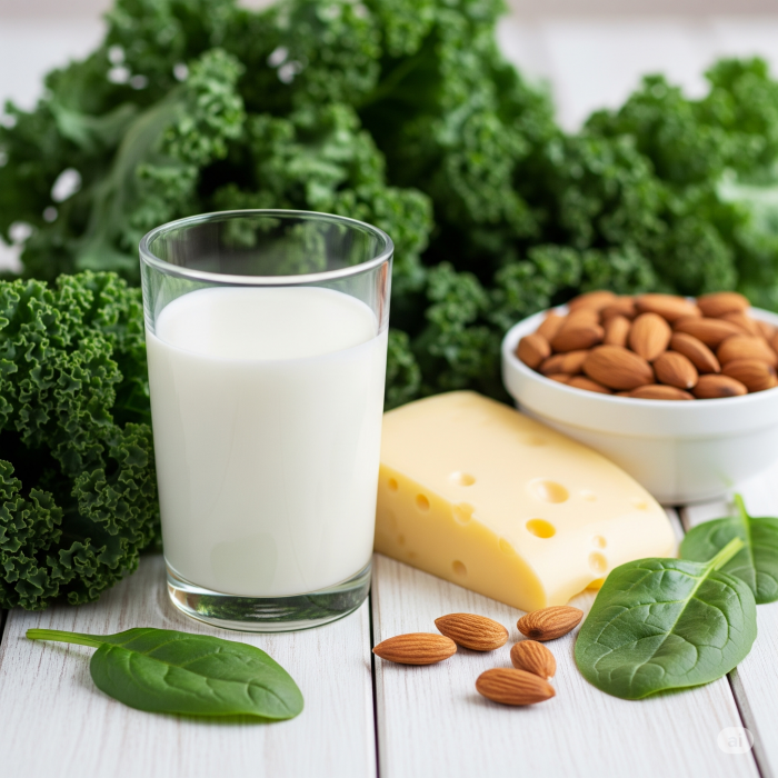 밝은 나무 식탁 위에 우유 한 잔, 치즈, 시금치, 케일, 아몬드가 놓여 있어 뼈 건강을 상징함.