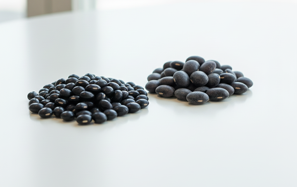 껍질이 까맣고 윤기가 흐르는 동글동글한 서리태와 검정콩 알갱이들