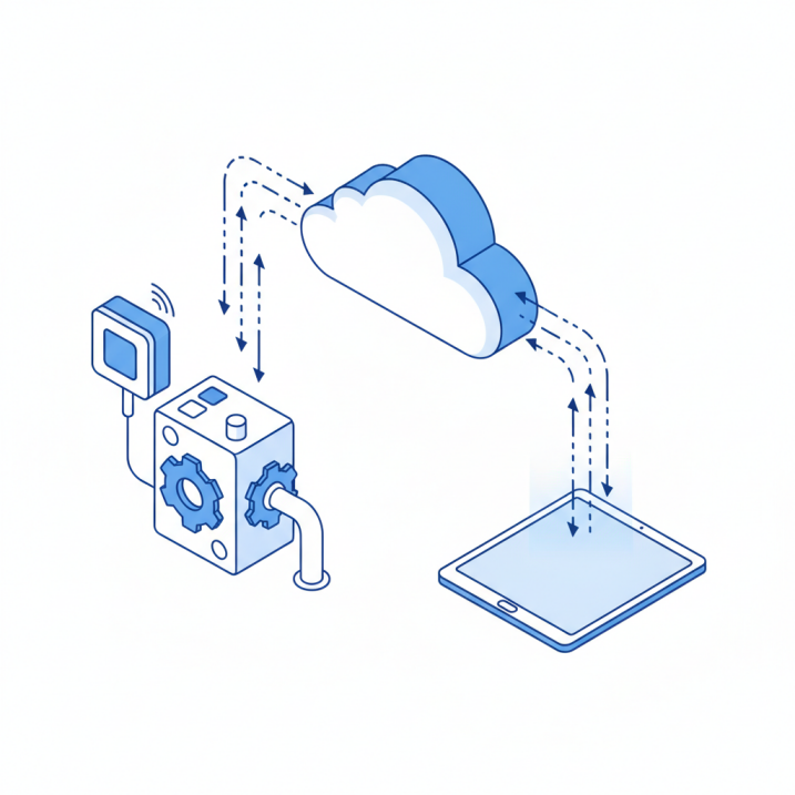 기계의 IoT 센서에서 클라우드로, 다시 태블릿으로 이어지는 체계적인 데이터 수집 과정을 묘사한 아이소메트릭 일러스트.