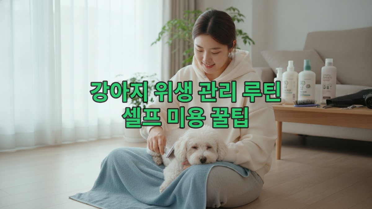 편안한 집에서 보호자가 강아지를 부드럽게 쓰다듬으며 위생 관리하는 모습.