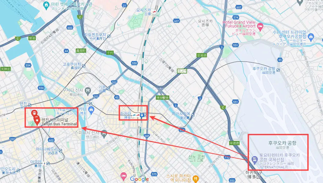 후쿠오카공항-하카타역-텐진-버스터미널