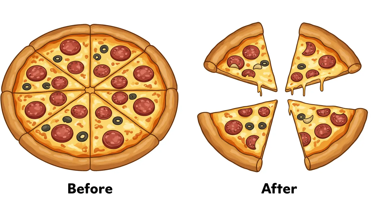 새로운 주식이 발행되어 기존 주식의 가치가 희석되는 효과를 피자 비유로 설명