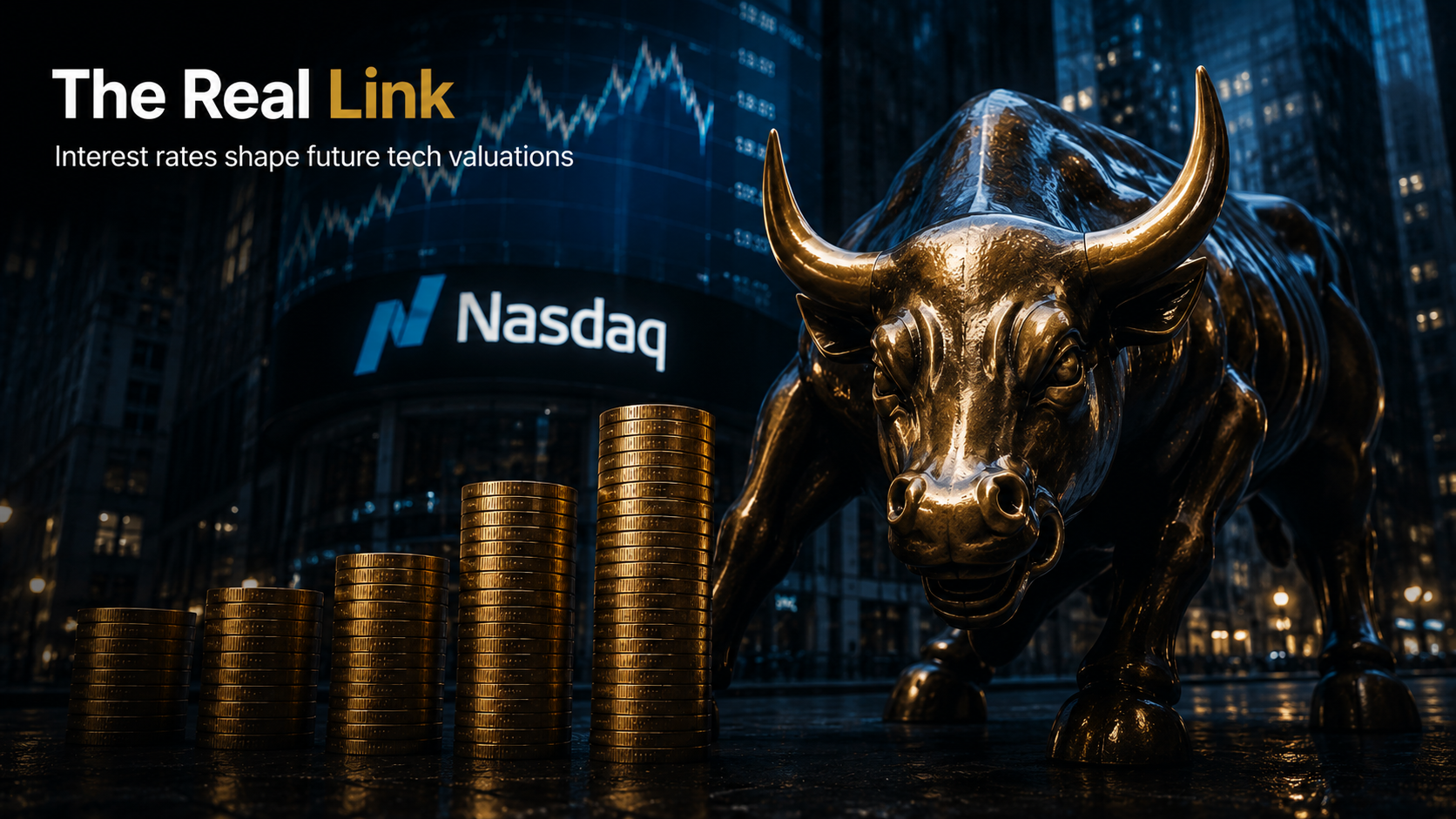 Cinematic financial illustration showing the relationship between the Nasdaq and interest rates with technology stocks and market valuation.
