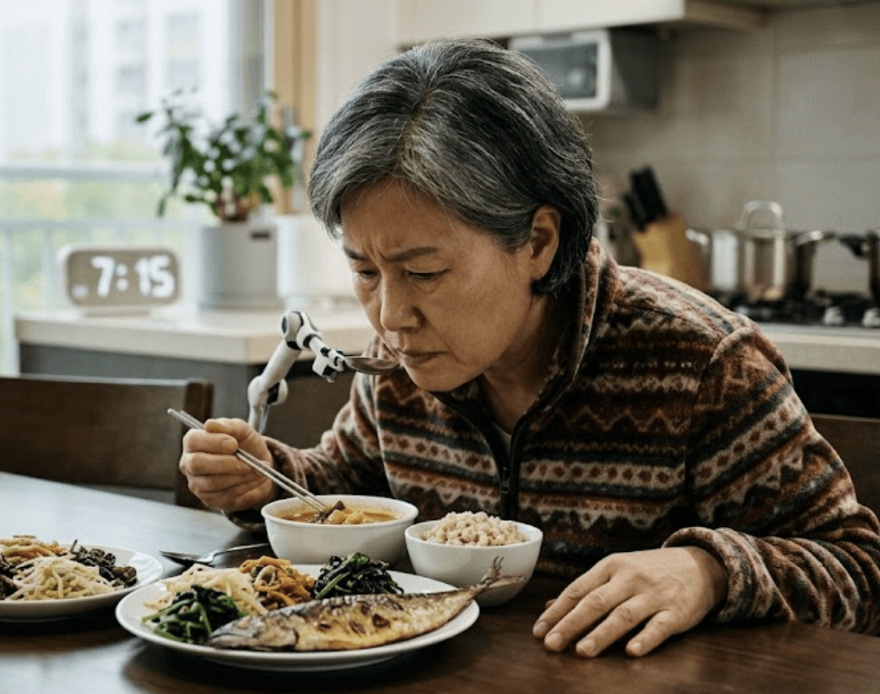 파킨슨병 초기 증상인 후각 저하로 인해 식탁 앞에 앉아 정갈하게 차려진 음식의 냄새를 맡으려 애쓰며 고민에 빠진 표정을 짓고 있는 중년 여성의 모습