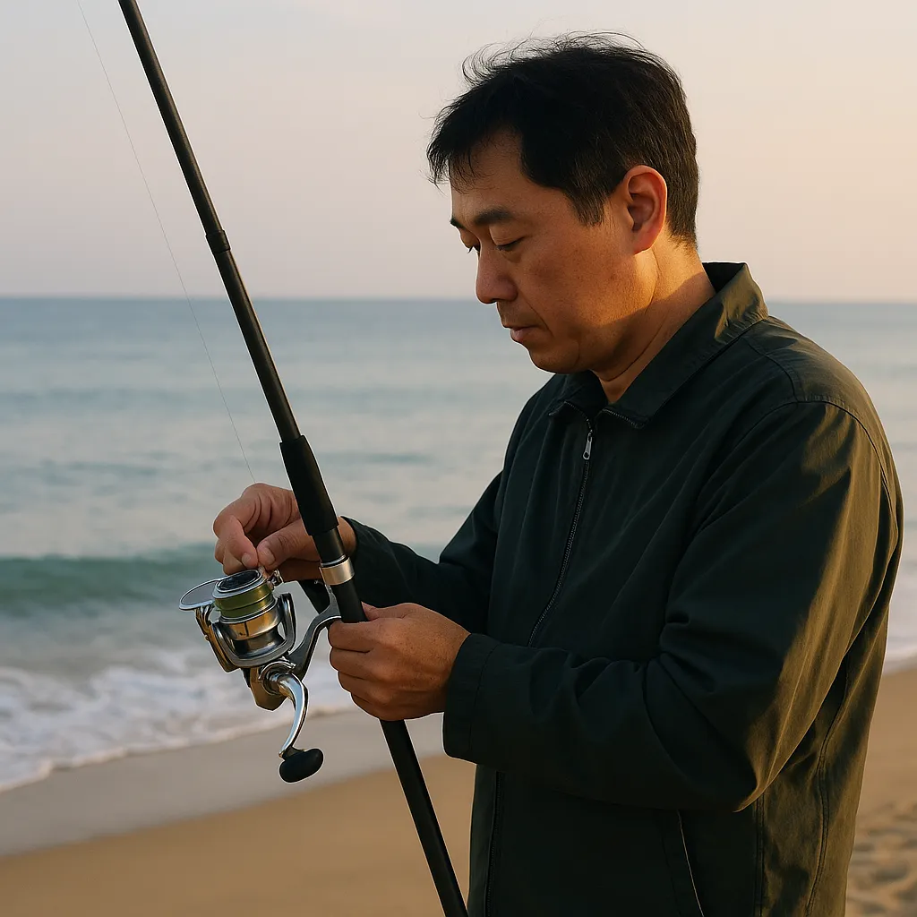 해변에서 낚싯대를 조립하는 모습