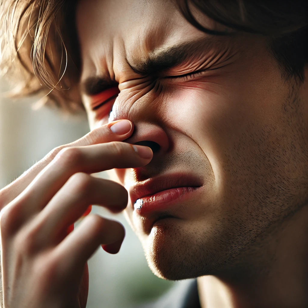 코를 잡고 고통스러워 하는 모습