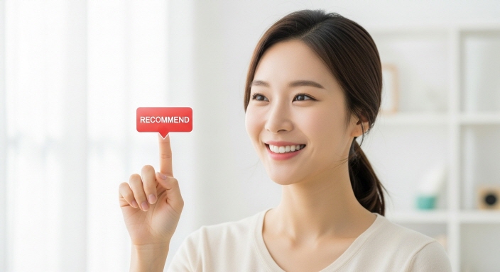 밝은 표정으로 추천 버튼을 누르는 사람