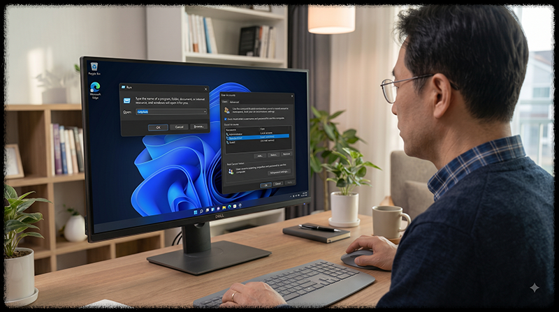Windows 11 netplwiz 사용자 계정 창에서 자동 로그인 옵션을 설정하는 모습