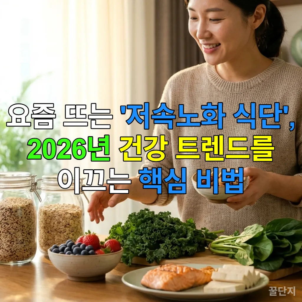 한국 가정에서 젊은 여성이 저속노화 식단을 위한 신선한 재료들을 준비하는 모습