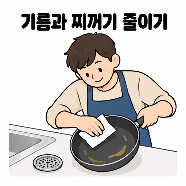 남성이 싱크대 옆에서 프라이팬 안쪽의 기름기를 종이로 닦아내는 모습