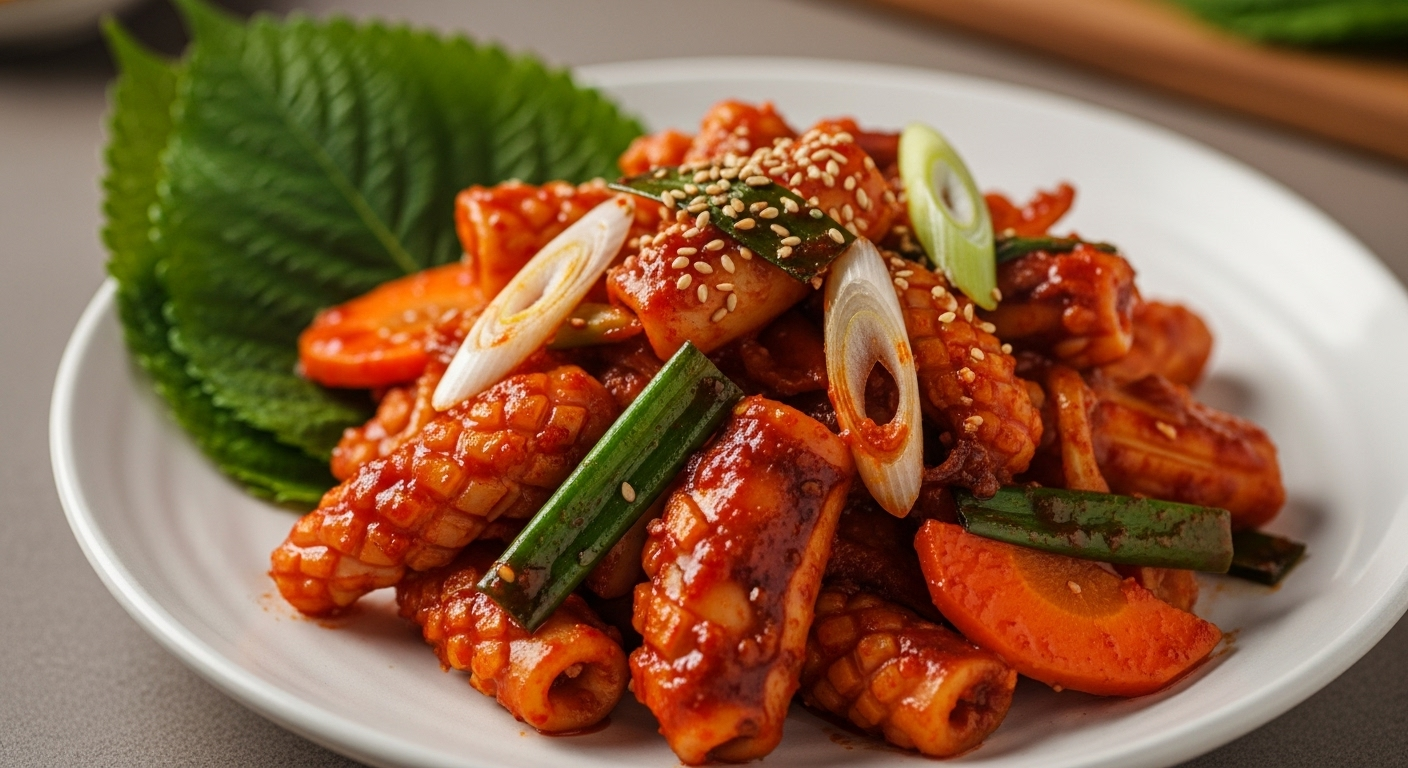 윤기 흐르는 맛있는 오징어볶음이 접시에 예쁘게 담겨 있는 모습