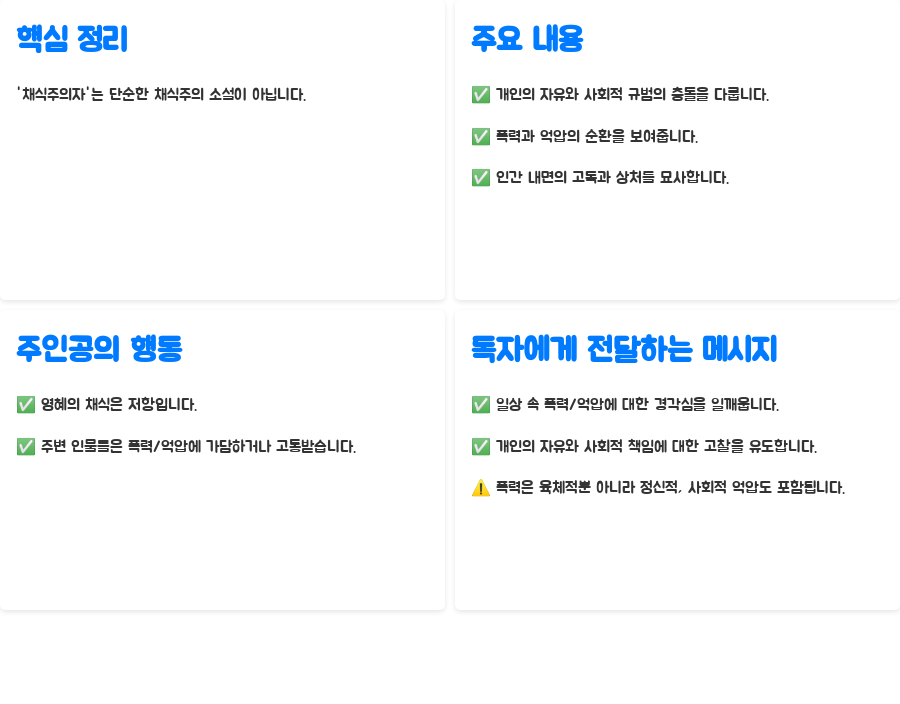 채식주의자 줄거리, 충격적인 진실과 숨겨진 의미 - 핵심 정리: 채식주의자, 무엇을 말하고 싶었을까? 채식주의자 줄거리, 충격적인 진실과 숨겨진 의미 - 핵심 정리: 채식주의자, 무엇을 말하고 싶었을까?